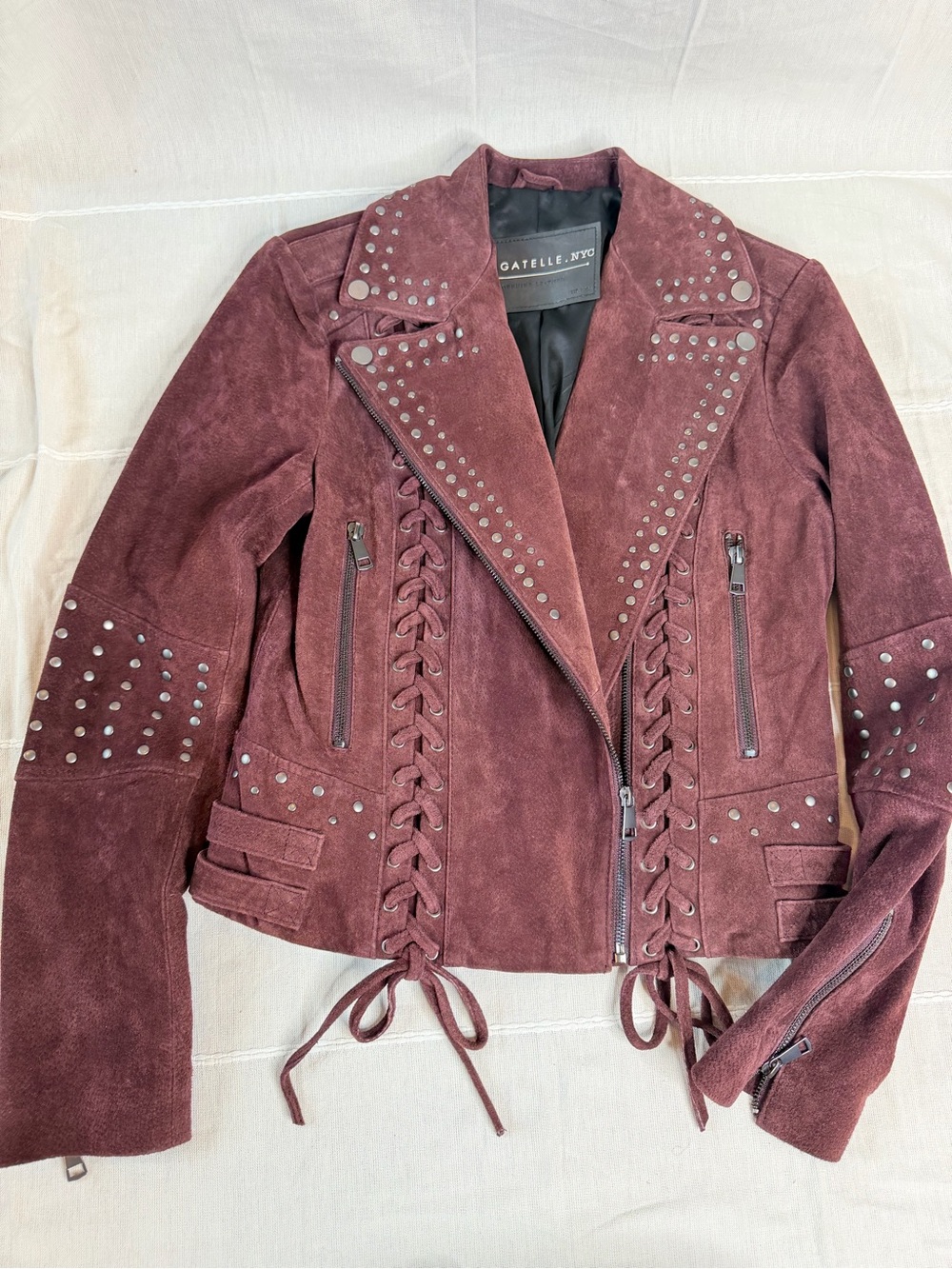 bagatelle Burgundy Suede Studded Lace-Up Moto Jacket